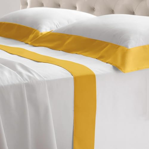 Riad Arredo Set Completo Letto Matrimoniale in 100% Cotone 180TC Italiano PERCALLE e Balze RASO - Set Lenzuola Morbidissime Tinta Unita con Balze in Raso SATIN Artigianali Made in Italy (Ocra)