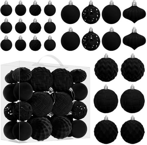 Miaikoe Samt Weihnachtskugel Ornamente Set - 46pcs zerstörungsdicht Plastik Flocked Weihnachtsbaum Kugeln Verschiedene Größen für Weihnachtsfeiertag Dekoration (schwarz)