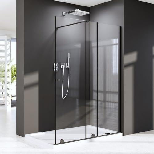 Walk In Dusche 140x185 cm Schiebetüren Duschabtrennung Walk In Schiebetür Duschwand aus 6mm ESG-Sicherheitsglas,Breite Verstellbar von 90-140cm,Sicher und Zuverlässig(Schwarz)