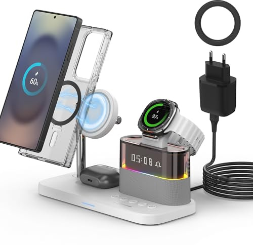 3 in 1 Ladestation kabellos für Samsung Galaxy S25/S24/S23/S22 m. Magnetring, schnelles Ladegerät für Samsung mit Wecker & Nachtlicht, kabelloser Ladeständer inkl. QC 3.0 Adapter (Weiß)