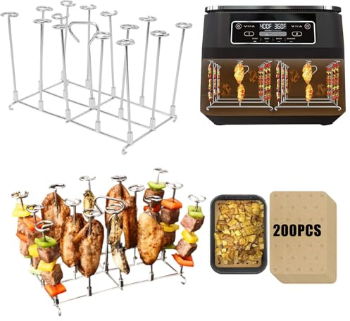 Barbacoa de acero inoxidable para Ninja AF400EU AF300EU Cosori Dual Zone Airfryer, accesorio para freidora de aire caliente, doble zona Airfryer de 7,6 l y 9,5 l, con 200 papel de horno y 28 brochetas
