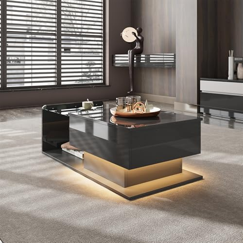 REXO Mesa de centro con cristal y efecto LED, color negro brillante