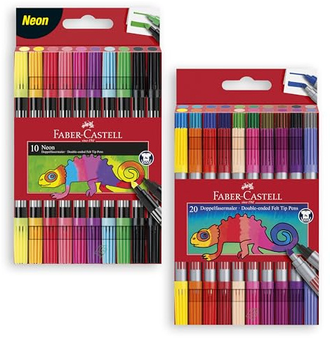 Faber-Castell 151109 - Filzstifte Set Neon, 10 Doppelfasermaler für Kinder und Erwachsene (Neonfarben + Filzstifte Set 20-teilig)