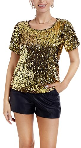 Damen Pailletten Oberteil Glitzer Tops Kurzarm Rundhals T-Shirt Club Casual Elegant Festliche Blusen Disco Sommer Party Outfit