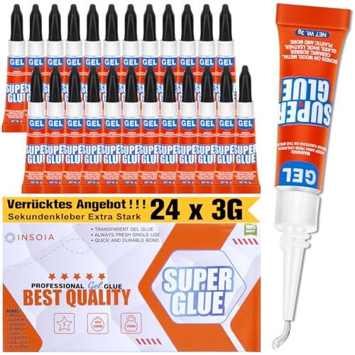 Sekundenkleber Gel (24er-Pack x 3g) – extra stark & wasserfest Superkleber für schnelle, flexible Sofortreparaturen, transparent kontakt Kleber für alles gummi, Holz, modellbau, schuhsohlen uvm.