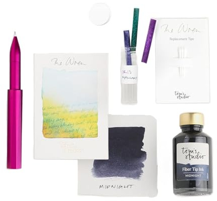Tom's Studio Wren Pen Bundle Raspberry | Luxury Refillable Writing & Calligraphy Pen | 1x 50ml Midnight Ink, 3x Pen Tips, 3x Spare Reservoirs & 1x Reservoir Container | Premium Gift for Artists