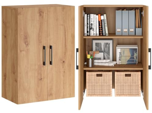 Bellamio Apol Büroschrank 60 cm breit, Eichenoptik, 3 Fächer, 2 Türen | Mehrzweckschrank, Aktenschrank aus Holz, kleines Bücherregal, Aufbewahrungsschrank 88 cm hoch, für Flur, Wohnzimmer & Büro