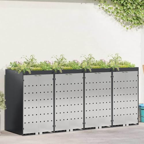 ACAGALA Mülltonnenbox 4 er mit Pflanzendach | Mülltonnenhaus für r 4X Tonnen 120 und 240 Liter aus Edelstahl | Mülltonnenlager mit Pflanzerdach Anthrazit | Ablauf | Belüftet | 65 x 73 x 113 cm
