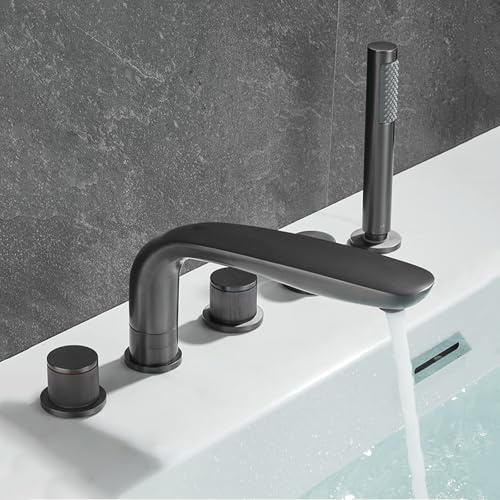 Miscelatore Vasca da Bagno con Doccetta Grigio Canna Di Fucile 3 Manopole Miscelatore Bordo Vasca Rotazione 360° Rubinetteria Doccia con Deviatore