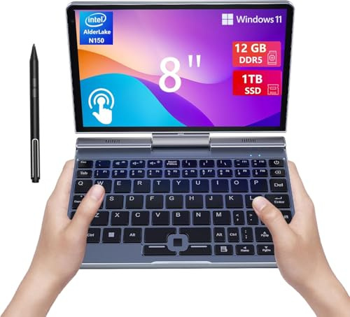 KOOFORWAY 8 Mini Laptop 2-in-1 HD Touchscreen Portable, Win 11 Pro Portable Pocket PC, N150 12 GB LPDDR5 1TB M.2 SSD, Wi-Fi 6, BT 5.2 2 MP Camera, G-Sensor, HDMI, Type C