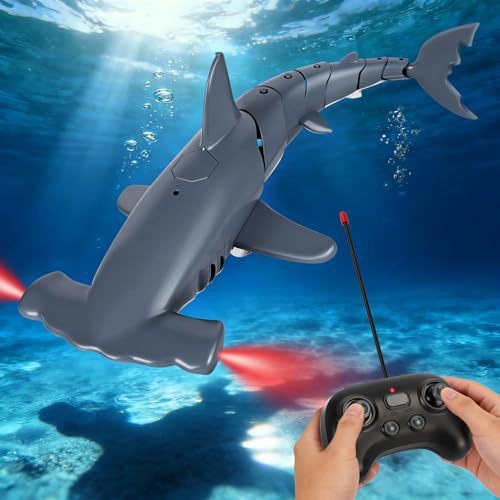 Cheffery Ferngesteuerter Hai mit Tauchfunktion, 2.4GHz RC Hai mit LED-Licht, Unterwasser-Hai Spielzeug für Pool & Badewanne, Geschenk für Kinder ab 6 Jahren Jungen & Mädchen (Grau)