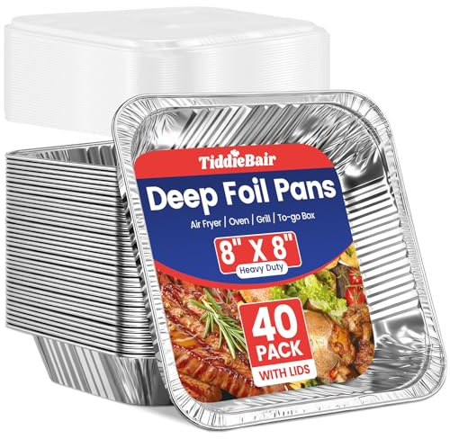 TiddieBair (40 Pack) 8x8 Aluminum Foil Pans with Clear Plastic Lids - Square Baking Cake Pans Disposable - To Go Food Container with Clear Plastic Lids, Aluminum Tray, Perfect for 8'' Air Fryer