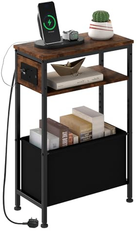 Levede Narrow Side Table with Charging Station, 3 Tier Storage Slim Bedside Table with 2 USB Ports and Power Outlet, Fabric Storage Bag, 40 x 20 x 60 cm End Table for Small Spaces