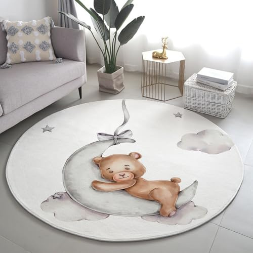 Xisnuient Runder Flauschiger Kinderteppich - Bär mit Rosa Stern Auf Gelbem Mond und Bunten Sternen - Weicher, Waschbarer & Rutschfester Teppich für Babyzimmer & Spielbereich, 160 cm, Color 2