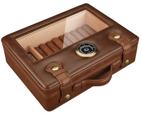 Racocou 30 Cigarer Humidor-fodral PU-läder Cigarbox med glastopp Inbyggd fuktare Hygrometer Cederfoder Present till make pappa fars dag jul födelsedag,Brown