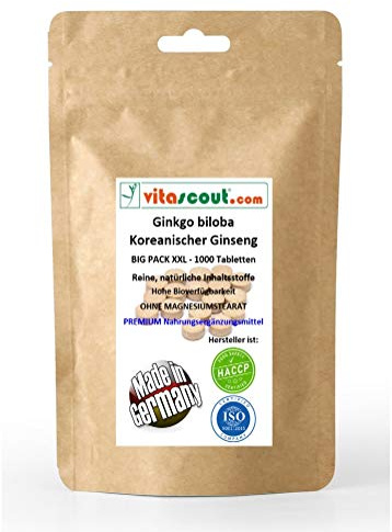 1000 vegetarische Tabletten - Ginkgo biloba & Panax Koreanischer Ginseng - Formula-MIX-Extrakt entspricht 4000mg - HOCHDOSIERT - PREMIUMQUALIÄT - MADE IN GERMANY - OHNE MAGNESIUMSTEARAT