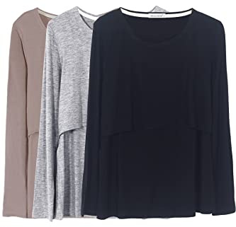 Smallshow Mujer Top Camiseta Premamá Lactancia De Manga Larga 3 Pack,Black/Grey/Brown,2XL