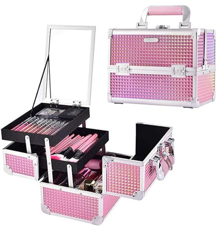 Joligrace Makeup Train Case Makeup Case Organizer Portable Cosmetic Box Storage with 2 Trays Mirror Locking Make Up Travel Case for Nail Kits Cosmetics Craft Traveling Makeup Box Mermaid Pink