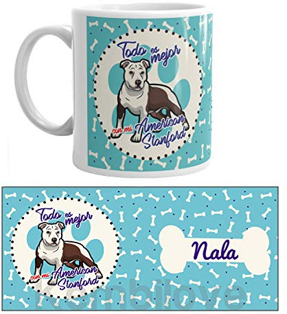 Kembilove Taza de Café de Perro American Stanford Personalizada con nombre – Taza de Desayuno Razas de Perro – Taza de Café y Té Mascota – Taza de Cerámica Impresa – Tazas de perro American Stanford
