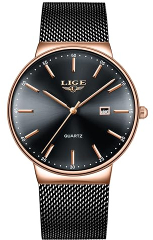 LIGE Montre Homme Or Rose, Montres Bracelet Analogique Quartz, Bracelet Classique Noir, Acier Inoxydable étanche 3ATM, Fonction Calendrier, Cadeau Luxe pour Homme, Business Mode Casual Match