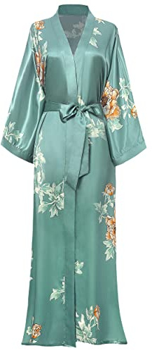 Coucoland - Abrigo largo para mujer, estilo kimono, para verano, estilo clásico, estampado de flores, para fiestas Plateado, verde Talla única