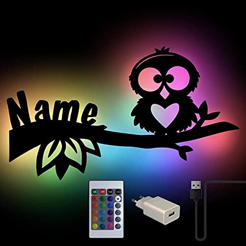 Namofactur personalisierte Eulen-Lampe Eule auf Ast aus Holz