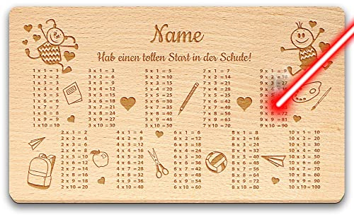 Frühstücksbrett mit Gravur zur Einschulung - Hab einen tollen Start in der Schule - mit Einmaleins und Wunschname - Einschulungsgeschenk für Mädchen und Jungen | Personalisiert mit Lasergravur