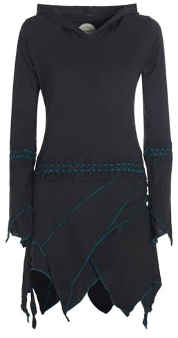 Vishes - Alternative Bekleidung - Langarm Damen Elfen Zipfel Kleid Tunika mit Zipfelkapuze Kleid Damen Herbst Kleid schwarz 42