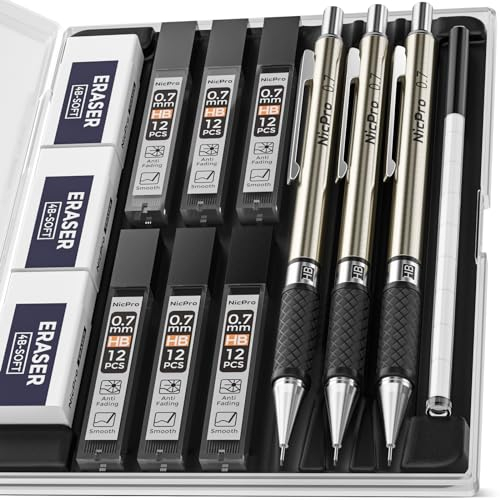 Nicpro 3 Stück Metall Druckbleistift Set, Kunst Bleistifte 0.7 mm mit 6 Dosen HB Bleistiftminen, 3 Radiergummis, zum Schreiben, Zeichnen und Skizzieren von Künstlern