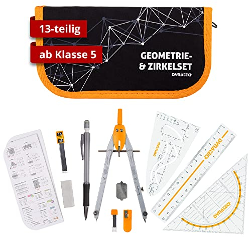 DynaTech Zirkel Set Geometrieset 13-Teilig mit Schnellverstellzirkel, Geodreieck, Parabel, Bleistift, Lineal, Spitzer und Ersatzminen im Etui orange - praktisches Mathematik-Set inkl. Federmappe