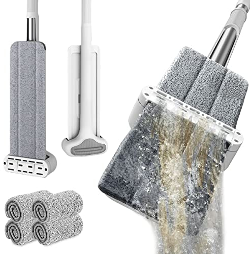 Hands DIY Self Wringing Mop, Microfibre Floor Mops with 4 Reusable Pads Hands Free Wet Dry Dust Mop 360° Rotatable Flat Floor Mops Cleaning Mop Set for Bathroom Kitchen Wall Floor