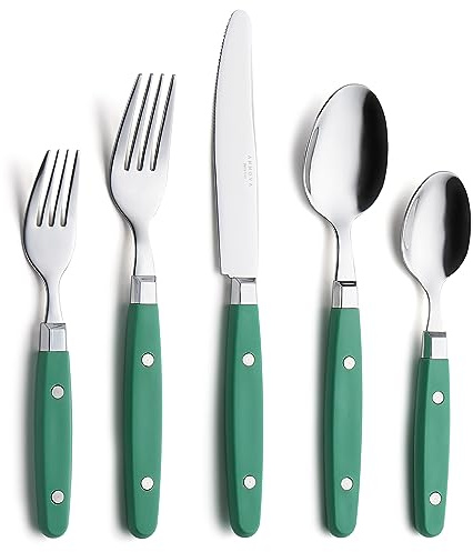ANNOVA Silverware Set, Retro/Rivet Colorful Stainless Steel Tableware Kitchen Flatware Set Utensils, Includes Dinner Knives, Forks, Spoons, Salad Forks & Dessert Spoons (Green, 20 Pieces)