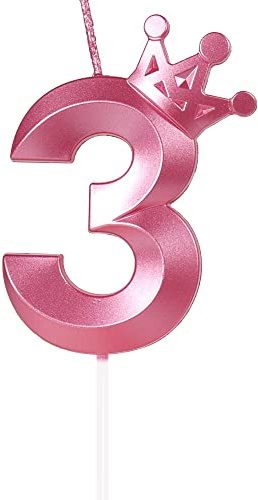 Vela Número 3 de Cumpleaños Rosa Con Decoración de Corona Grande - Velas 3D para Tartas