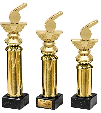 eberin · Schiri Pokal mit Gravur/Wunschtext · goldene Schiedsrichterpfeife auf Goldsäule/Marmor · Schiedsrichter/Referee Pokal in 3 Größen erhältlich ·