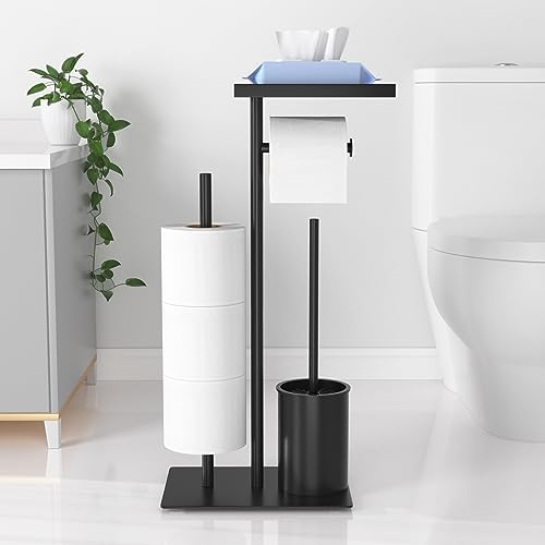 Edelstahl Klopapierhalter Stehend mit Klobürste - Toilettenpapierhalter mit Tablett, Toilettenpapierhalter mit WC Bürste, WC Garnitur mit Toilettenpapierhalter Stehend und Toilettenbürste