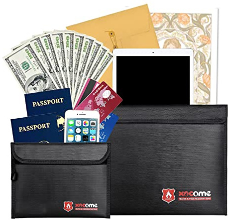 Fireproof Waterproof Money Document Bag - 2 Pack Safe Upgraded Zipper Bags, Fire & Water Resistant Storage Organizer Pouch for A4 A5 Documents Holder,File,Cash,Jewelry,Passport,Tablet,Laptop (Black)