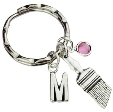 Personalised Paintbrush Keyring with initial charm and birthstone crystal, artist jewellery, handmade art teacher appreciation graduation birthday teen girl motivational brush