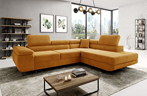 ML Furniture Ltd Avatar Kord Ecksofa in L-Form 277 x 73 x 203 cm mit Schlaffunktion und Bettzeugbehälter - Schlafsofa mit Bettkasten - Eckcouch mit Stauraum - Links - Farbe: Kord Senf