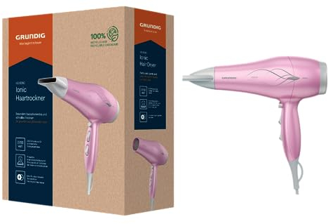 GRUNDIG HD 6280 Haartrockner 2200 W, Föhn, Ionen Funktion, 3 Temperatur- und 2 Luftstromstufen, Kaltstufe, Keramikbeschichtung, mit Pink Lotusöl, 1,8 m Kabel, Rose/Silber
