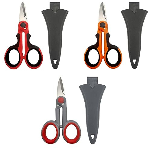 Electrician Scissors with Protective Cover, Heavy Duty Anti-Slip Fiber Cable Cutter, Fishing Line Scissors for Fishing Trimming, Wire Braid (3Pcs (Orange+Red+Grey))