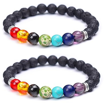 Yunmoxiao 2Pcs Lava Rock Stone Bracelet 7 Chakra Essential Oil Diffuser Bracelet Natural Stone Yoga Beads Bracelet for Men Women (Silver)