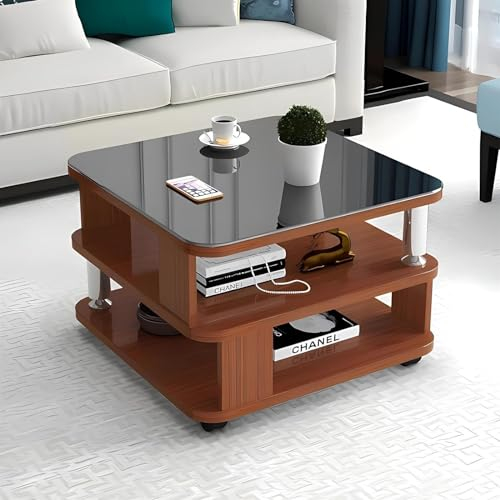 Eiauiuo Couchtisch Modern Weiß Couchtisch Wohnzimmertisch mit Rad und 3 Ebenen Stauraum Klein Beistelltisch Sofatisch Holz Beistelltisch Tischplatte aus Glas Einfach Nachttisch Schlafzimmertisch (Col