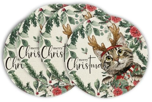 Artoid Mode Holly Blumen Eukalyptus Katze Weihnachten Runde Platzsets 4er Set, 37cm Winter Xmas Tischset Waschbar Platzdeckchen Küche Party Deko