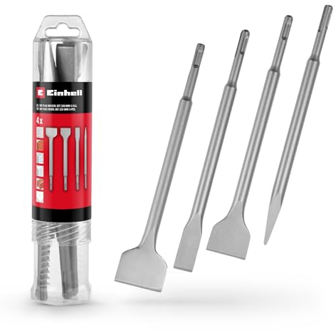 Originale Einhell set di scalpelli SDS Plus da 4 pezzi, 250 mm (scalpello a punta, scalpello piatto da 20 mm, scalpello a vanga da 40 mm, scalpello per piastrelle da 50 mm per lavori di demolizione)
