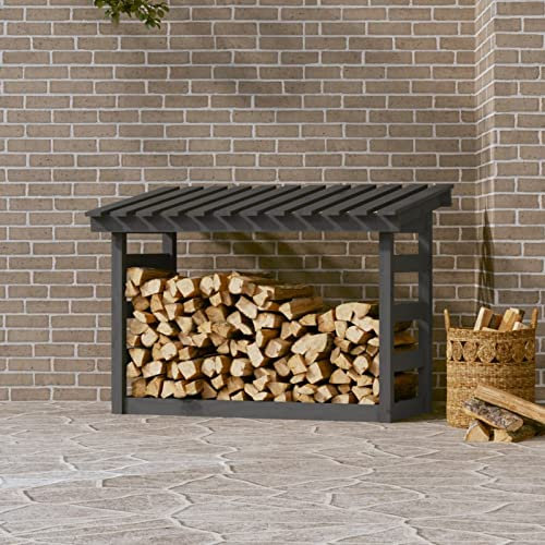 MYVVKIA Kaminholzregal Grau 108x64,5x78 cm Massivholz Kiefer, Kaminholzregal, Brennholzlagerregal Regal, Belüftung Metall Holzlagerhalter für Außen Innen Holzständer Set Lo