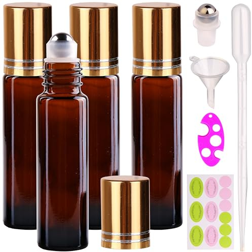 inice 4 Pack Essential Oil Roller Bottles 10ml Amber Glass RollerBall Bottle with Stainless Steel Roller Ball Alloy Cap for Daily Care