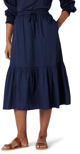 Amazon Essentials Falda Midi escalonada de satén de algodón de Talle Medio para Mujer (la Parte Superior se Vende por Separado), Azul Marino, Talla L