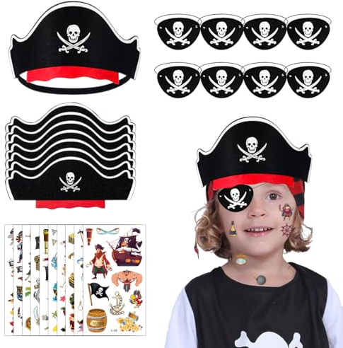 Piraten Kindergeburtstag, 8pcs Piratenhut Kinder+8pcs Augenklappe Pirat+10pcs Piraten Tattoos, Piratenparty Kindergeburtstag für Mädchen Jungen, Accessoires für Halloween Adventskalender Deko
