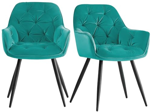 AINPECCA Dining chairs with Velvet Thick Padded Upholstered Kitchen Tub Chair Armchair with Backrest Metal Legs Living room Reception Leisure Chairs for Bedroom Lounge Office(Light Teal,2)