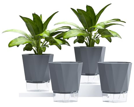 SONNHELL 4er Set Selbstbewässernde Blumentöpfe – Perfekt als Fensterbank Kräutertöpfe für die Küche, mit automatischer Wasseraufnahme für gesündere Kräuter und Pflanzen, Grau